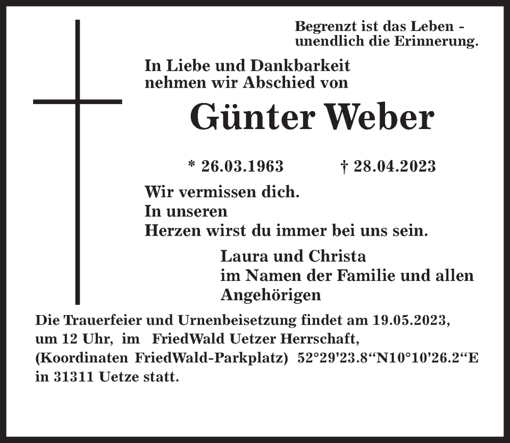  Traueranzeige für Günter Weber vom 13.05.2023 aus Hannoversche Allgemeine Zeitung/Neue Presse
