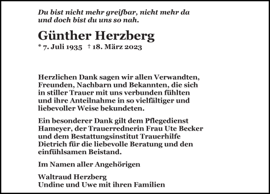 Traueranzeige von Günther Herzberg von Ostsee-Zeitung GmbH