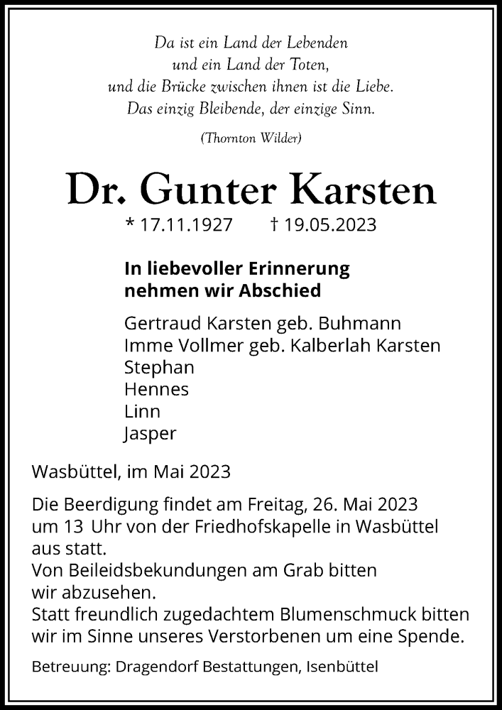  Traueranzeige für Gunter Karsten vom 23.05.2023 aus Aller Zeitung