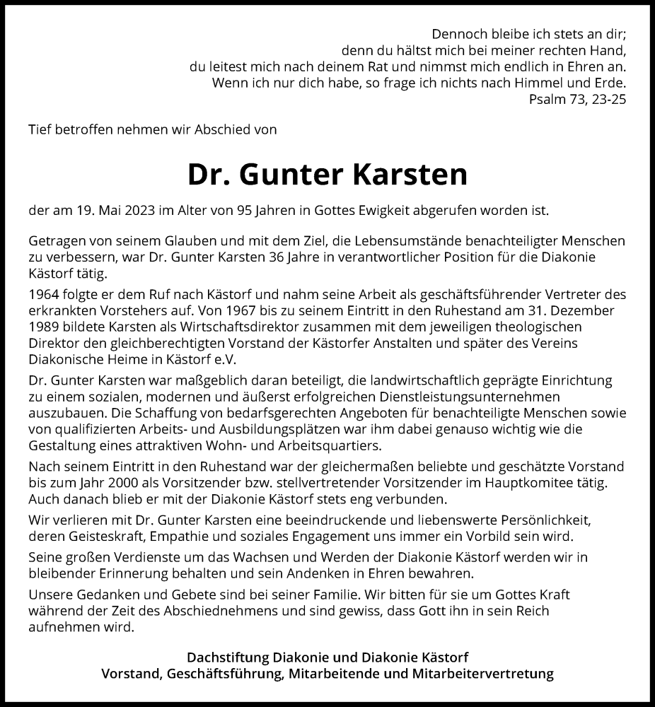  Traueranzeige für Gunter Karsten vom 24.05.2023 aus Aller Zeitung