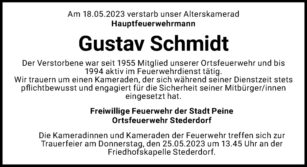  Traueranzeige für Gustav Schmidt vom 23.05.2023 aus Peiner Allgemeine Zeitung
