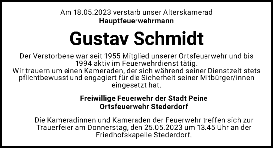 Traueranzeige von Gustav Schmidt von Peiner Allgemeine Zeitung