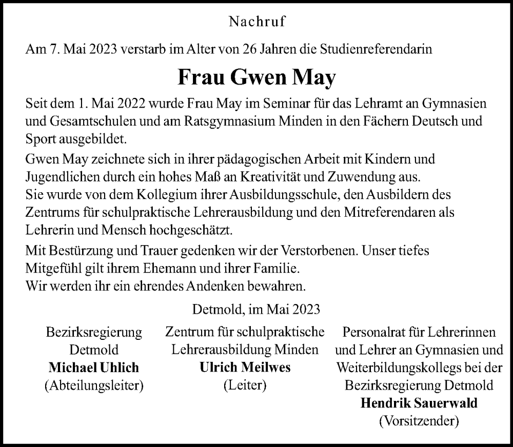  Traueranzeige für Gwen May vom 20.05.2023 aus Schaumburger Nachrichten