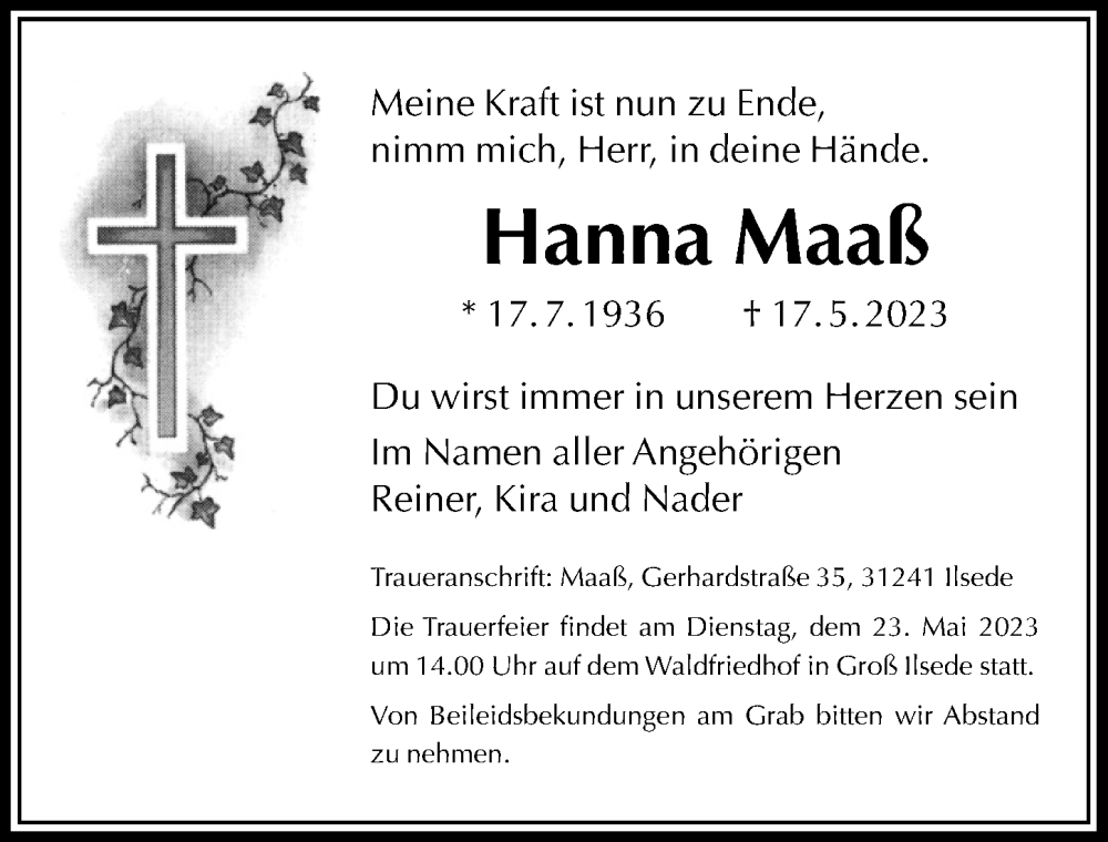  Traueranzeige für Hanna Maaß vom 20.05.2023 aus Peiner Allgemeine Zeitung