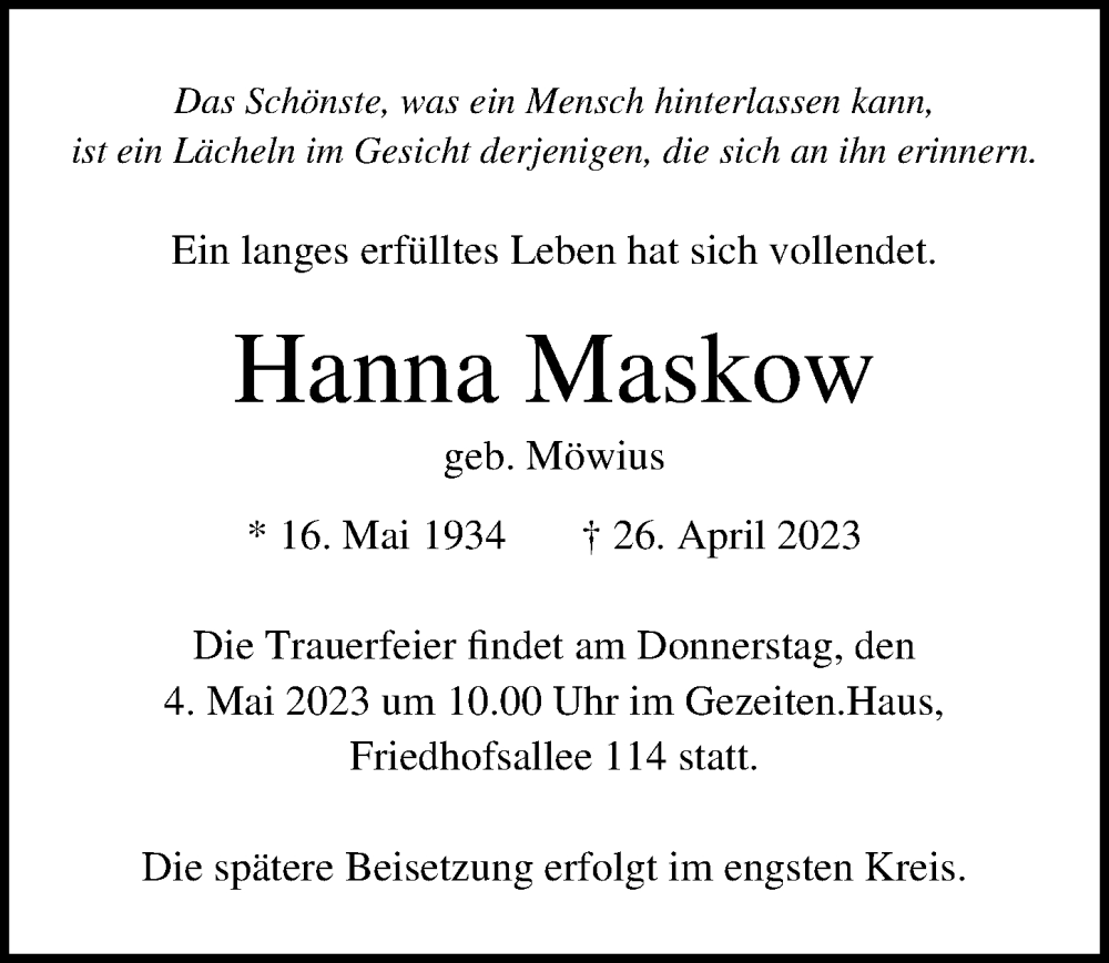  Traueranzeige für Hanna Maskow vom 30.04.2023 aus Lübecker Nachrichten