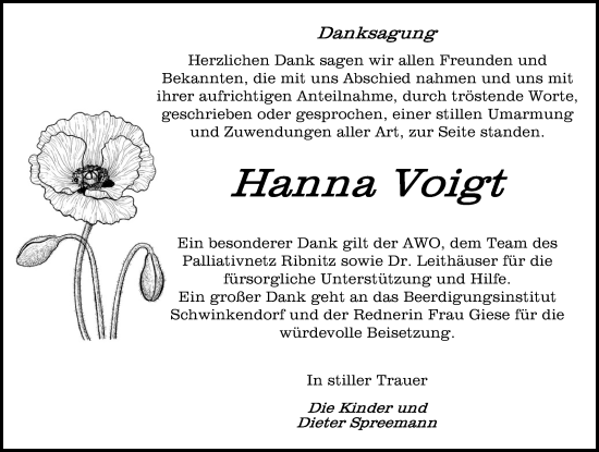 Traueranzeige von Hanna Voigt von Ostsee-Zeitung GmbH