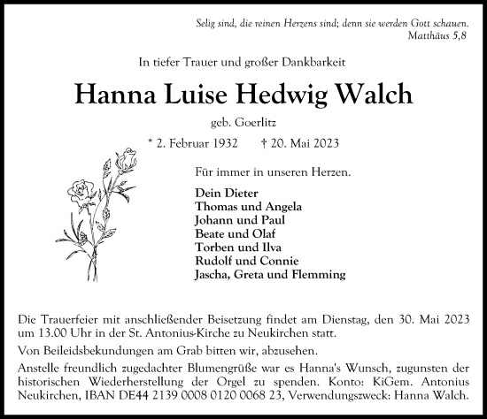 Traueranzeige von Hanna Luise Hedwig Walch von Lübecker Nachrichten