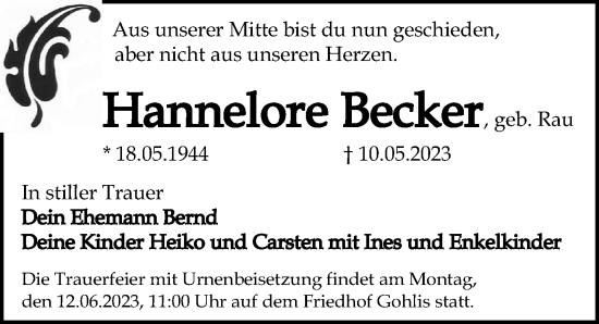 Traueranzeige von Hannelore Becker von Leipziger Volkszeitung