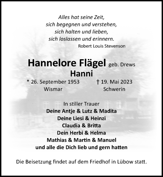 Traueranzeige von Hannelore Flägel von Ostsee-Zeitung GmbH