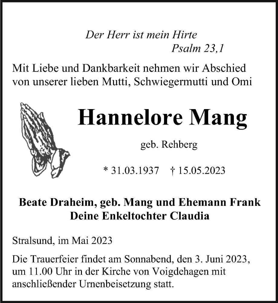  Traueranzeige für Hannelore Mang vom 20.05.2023 aus Ostsee-Zeitung GmbH