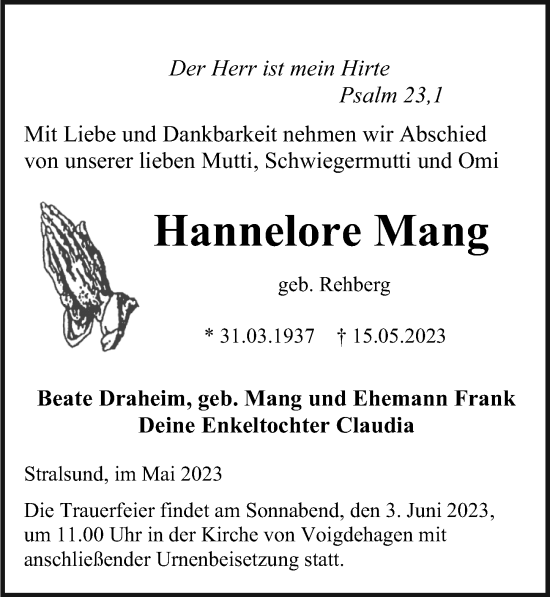 Traueranzeige von Hannelore Mang von Ostsee-Zeitung GmbH