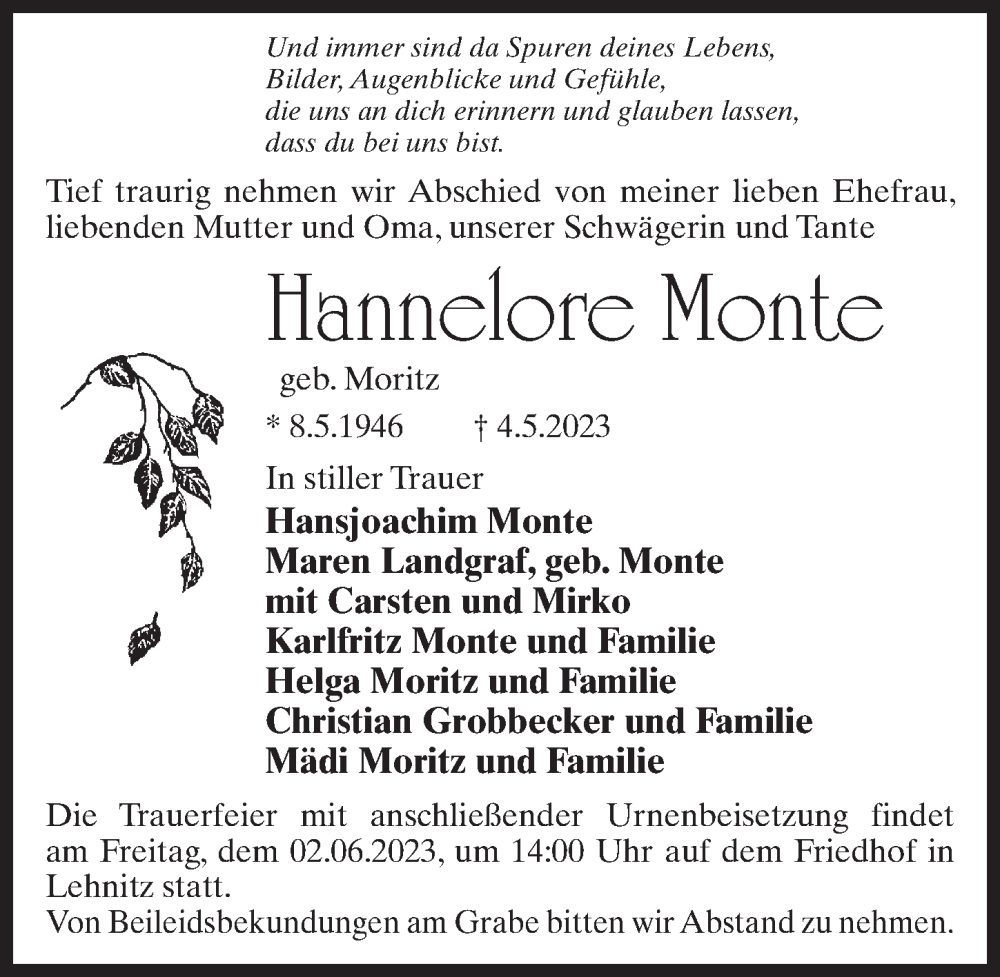  Traueranzeige für Hannelore Monte vom 27.05.2023 aus Märkischen Allgemeine Zeitung