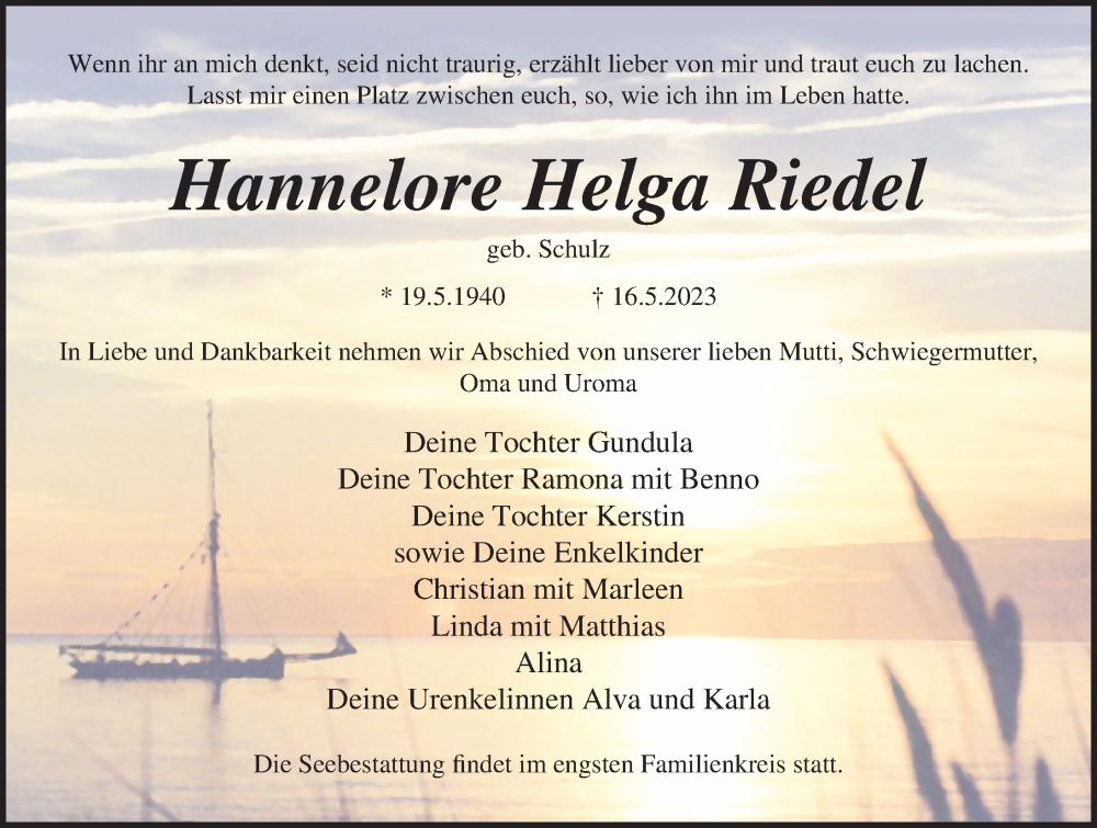 Traueranzeige für Hannelore Helga Riedel vom 20.05.2023 aus Ostsee-Zeitung GmbH