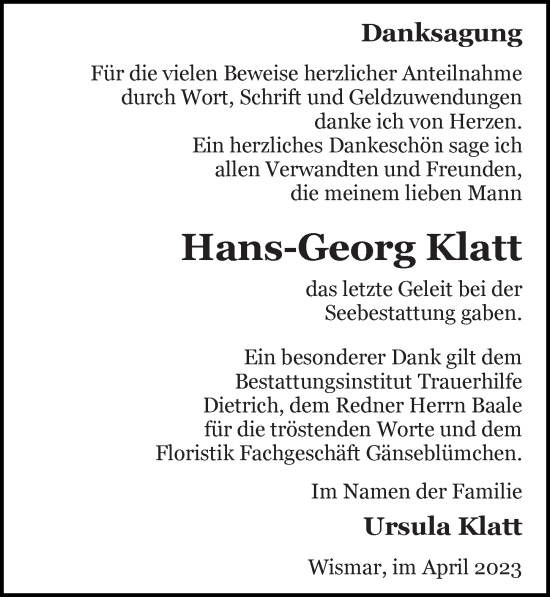 Traueranzeige von Hans-Georg Klatt von Ostsee-Zeitung GmbH