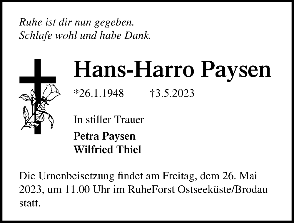  Traueranzeige für Hans-Harro Paysen vom 21.05.2023 aus Lübecker Nachrichten