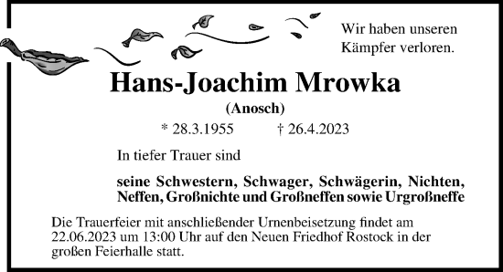 Traueranzeige von Hans-Joachim Mrowka von Ostsee-Zeitung GmbH