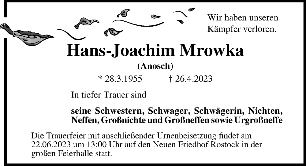  Traueranzeige für Hans-Joachim Mrowka vom 06.05.2023 aus Ostsee-Zeitung GmbH