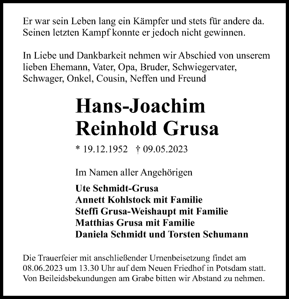 Traueranzeige für Hans-Joachim Reinhold Grusa vom 20.05.2023 aus Märkischen Allgemeine Zeitung