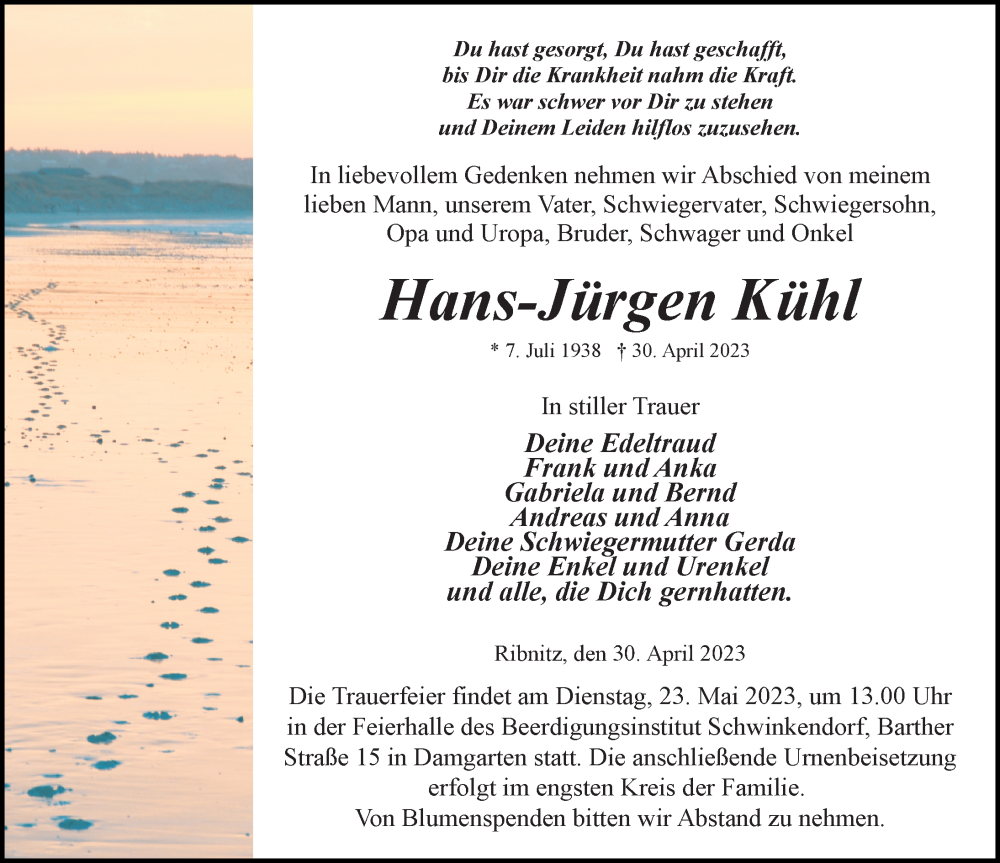 Traueranzeigen von Hans-Jürgen Kühl