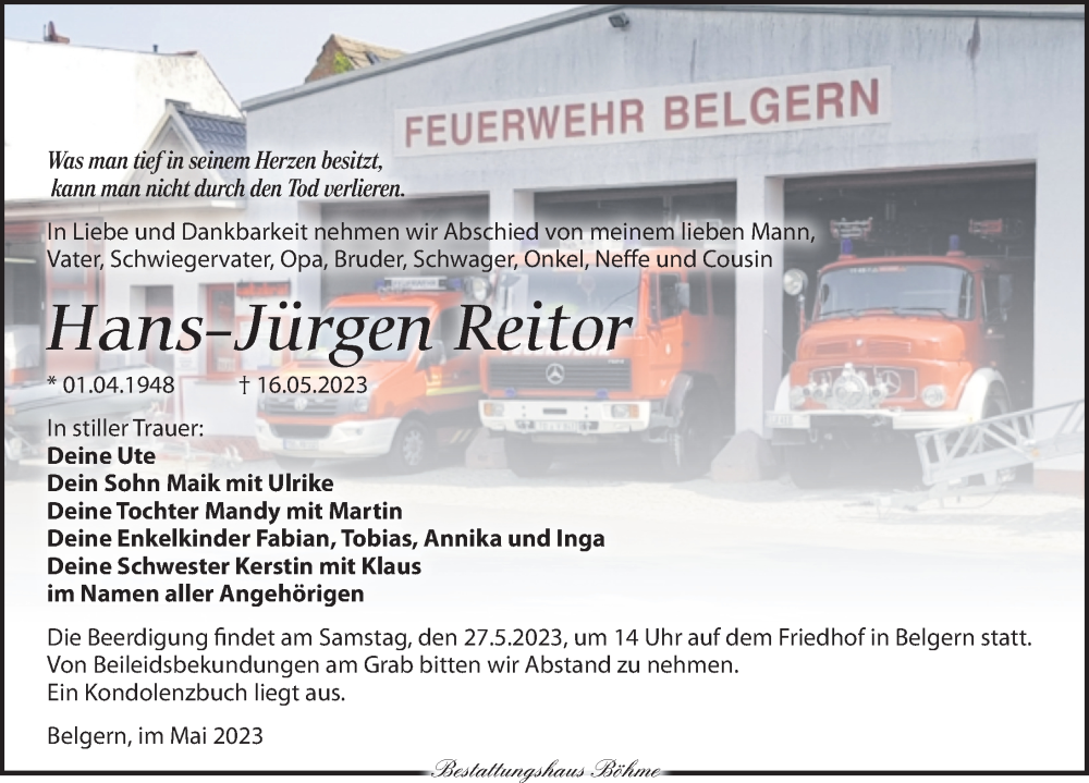  Traueranzeige für Hans-Jürgen Reitor vom 24.05.2023 aus Torgauer Zeitung