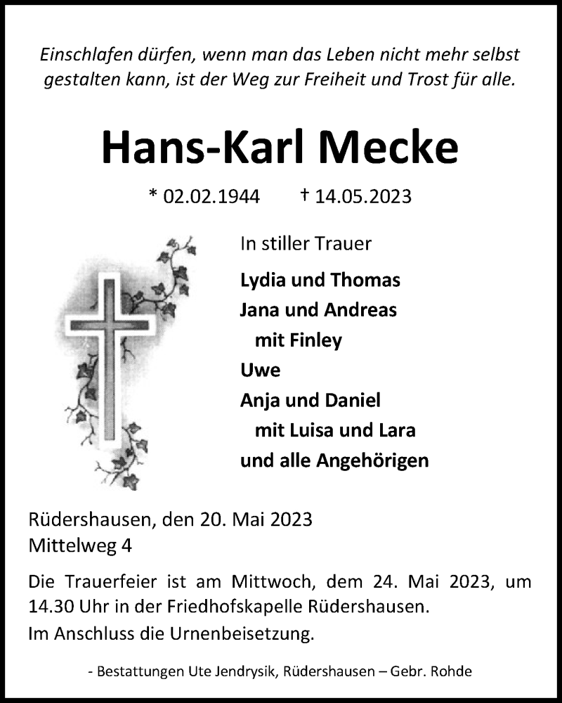  Traueranzeige für Hans-Karl Mecke vom 20.05.2023 aus Eichsfelder Tageblatt