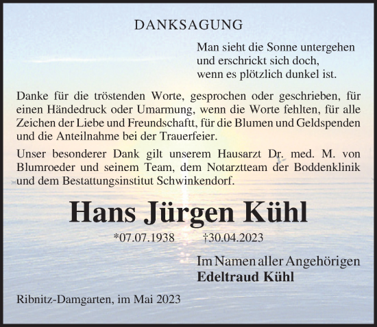 Traueranzeige von Hans Jürgen Kühl von Ostsee-Zeitung GmbH