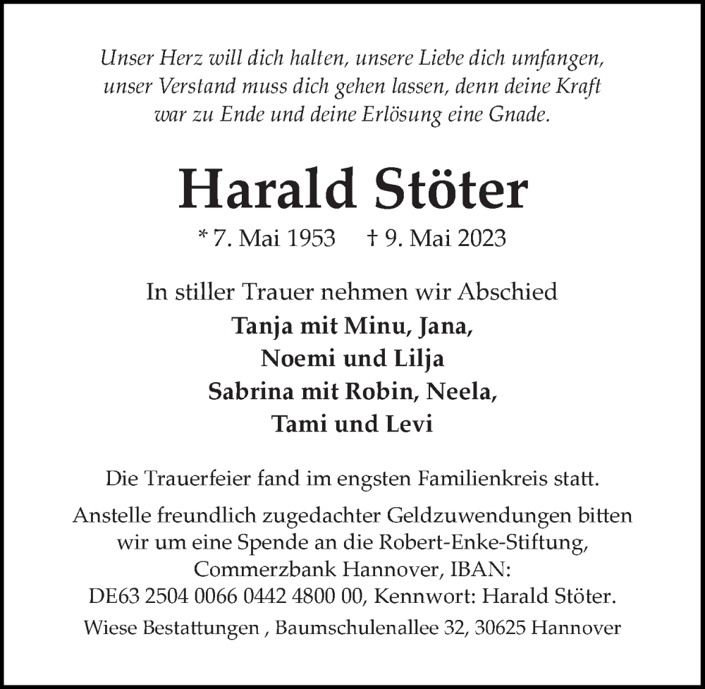  Traueranzeige für Harald Stöter vom 20.05.2023 aus Hannoversche Allgemeine Zeitung/Neue Presse