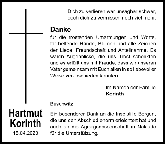 Traueranzeige von Hartmut Korinth von Ostsee-Zeitung GmbH