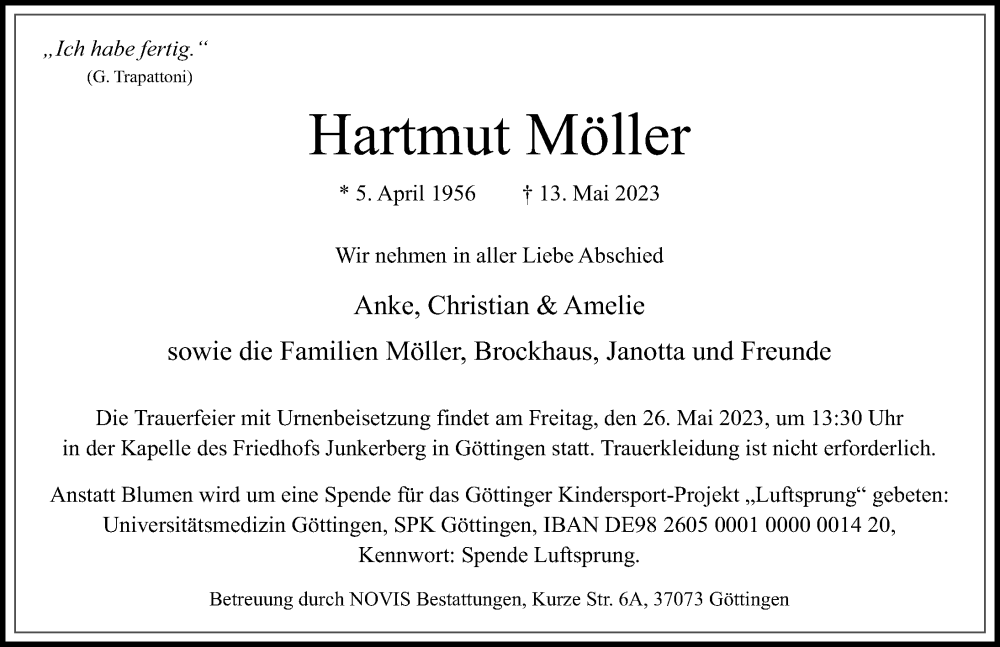  Traueranzeige für Hartmut Möller vom 20.05.2023 aus Göttinger Tageblatt