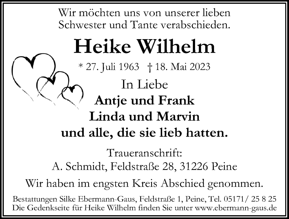  Traueranzeige für Heike Wilhelm vom 27.05.2023 aus Peiner Allgemeine Zeitung