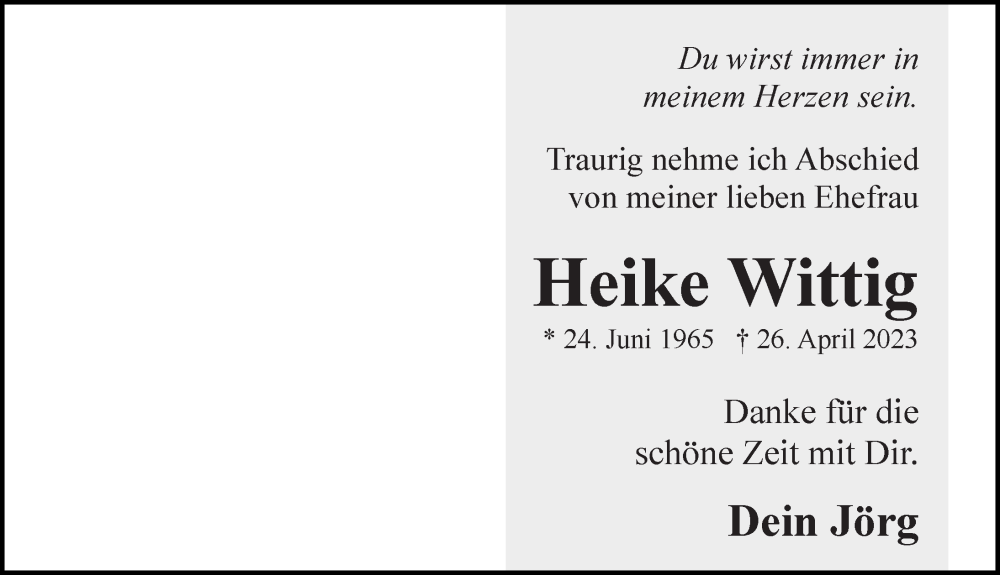  Traueranzeige für Heike Wittig vom 06.05.2023 aus Ostsee-Zeitung GmbH