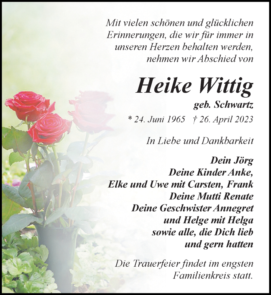  Traueranzeige für Heike Wittig vom 06.05.2023 aus Ostsee-Zeitung GmbH