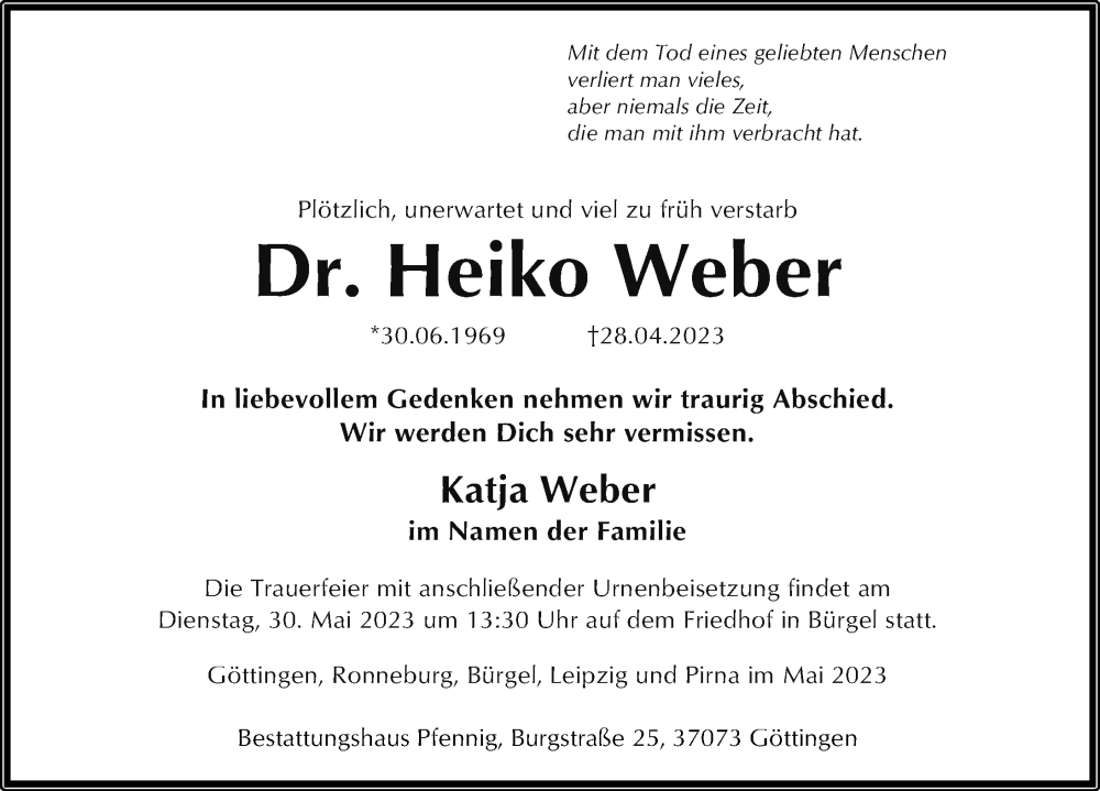  Traueranzeige für Dr. Heiko Weber vom 13.05.2023 aus Göttinger Tageblatt