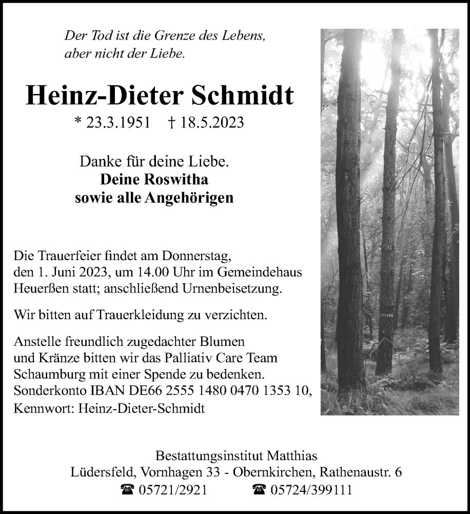  Traueranzeige für Heinz-Dieter Schmidt vom 23.05.2023 aus Schaumburger Nachrichten