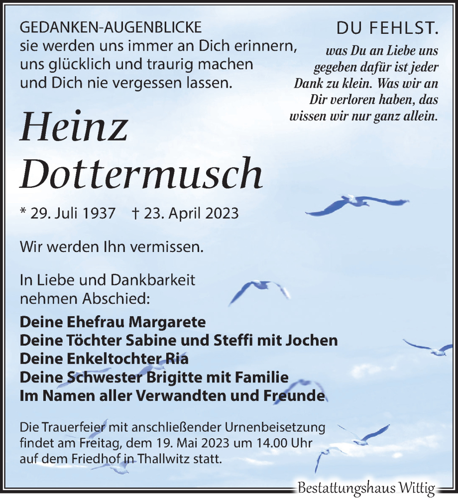  Traueranzeige für Heinz Dottermusch vom 13.05.2023 aus Leipziger Volkszeitung