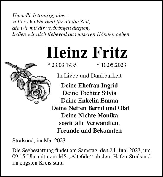 Traueranzeige von Heinz Fritz von Ostsee-Zeitung GmbH