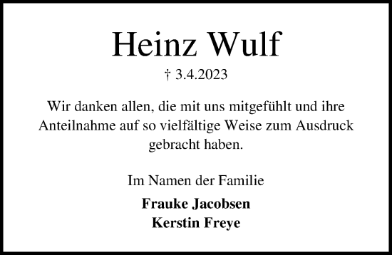Traueranzeige von Heinz Wulf von Lübecker Nachrichten