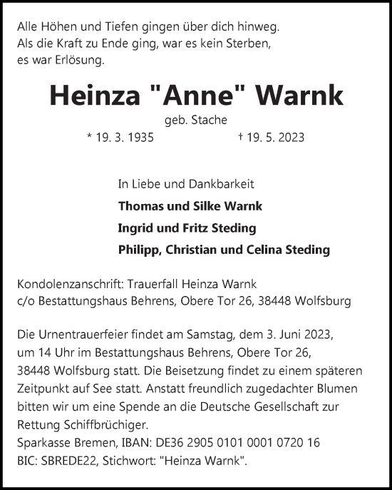 Traueranzeige von Heinza Anne Warnk von Aller Zeitung