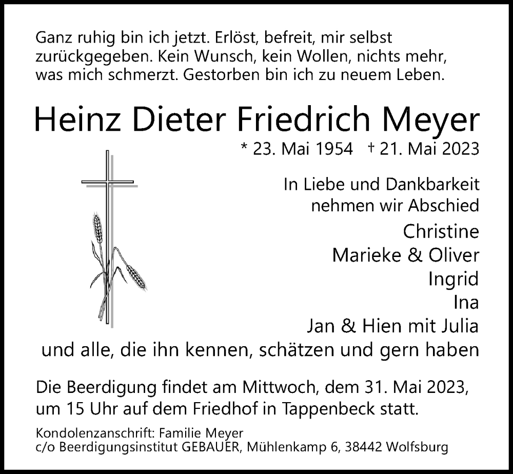  Traueranzeige für Heinz Dieter Friedrich Meyer vom 27.05.2023 aus Aller Zeitung