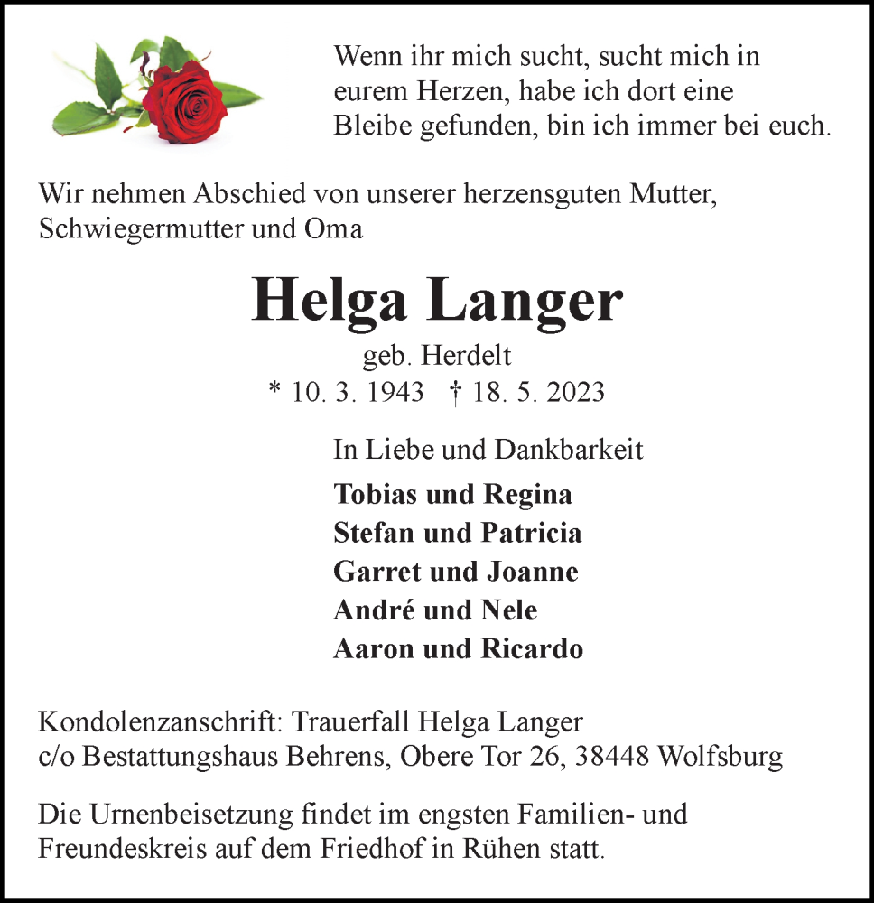  Traueranzeige für Helga Langer vom 25.05.2023 aus Aller Zeitung