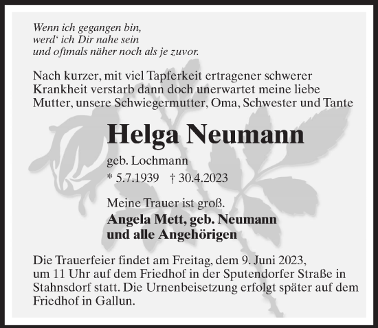 Traueranzeige von Helga Neumann von Märkischen Allgemeine Zeitung