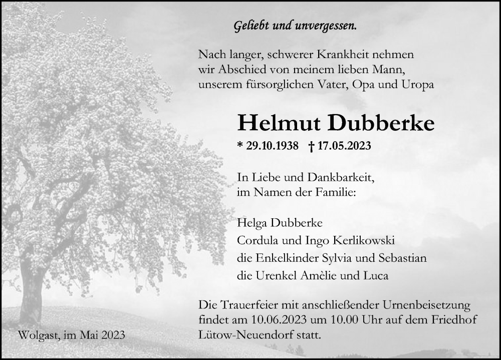  Traueranzeige für Helmut Dubberke vom 20.05.2023 aus Ostsee-Zeitung GmbH