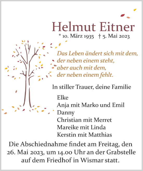 Traueranzeige von Helmut Eitner von Ostsee-Zeitung GmbH