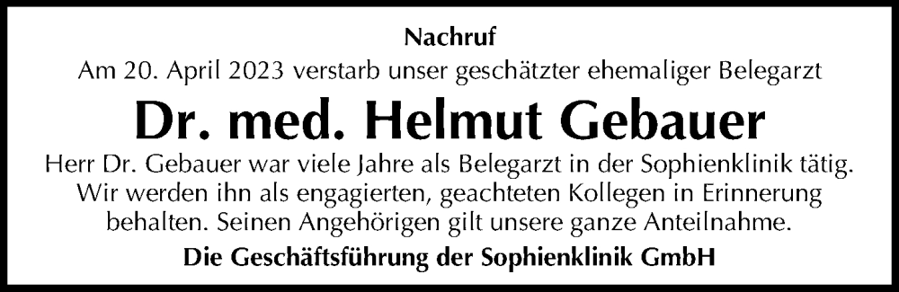  Traueranzeige für Helmut Gebauer vom 26.05.2023 aus Hannoversche Allgemeine Zeitung/Neue Presse
