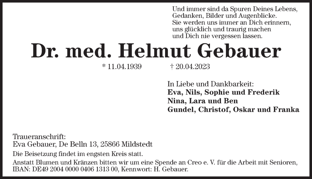  Traueranzeige für Helmut Gebauer vom 20.05.2023 aus Hannoversche Allgemeine Zeitung/Neue Presse