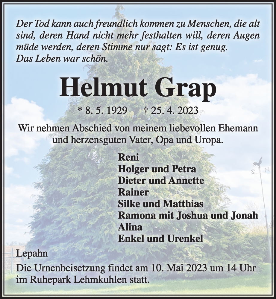  Traueranzeige für Helmut Grap vom 06.05.2023 aus Kieler Nachrichten