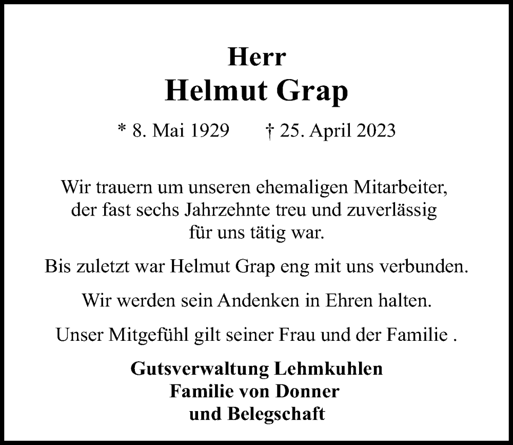  Traueranzeige für Helmut Grap vom 06.05.2023 aus Kieler Nachrichten