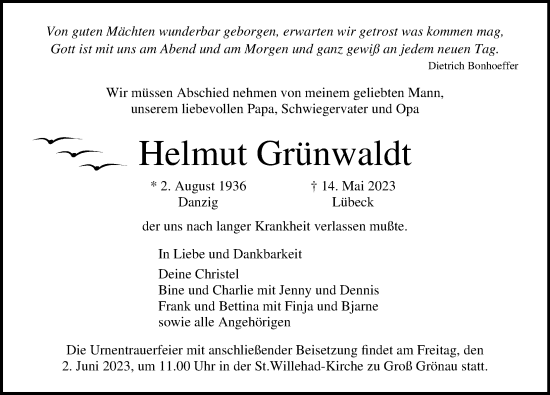 Traueranzeige von Helmut Grünwaldt von Lübecker Nachrichten