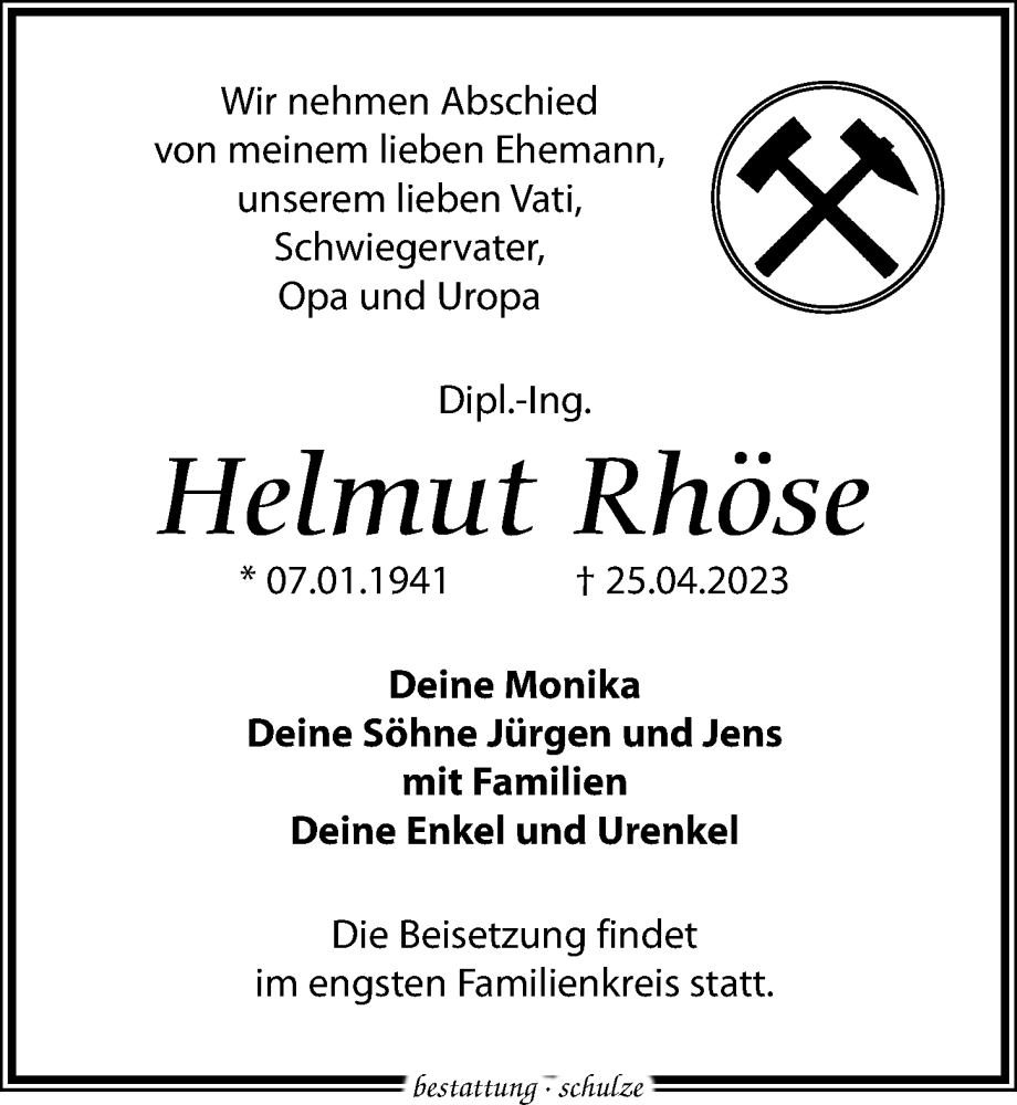  Traueranzeige für Helmut Rhöse vom 13.05.2023 aus Leipziger Volkszeitung