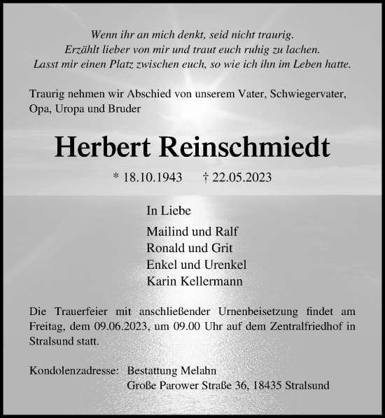 Traueranzeige von Herbert Reinschmiedt